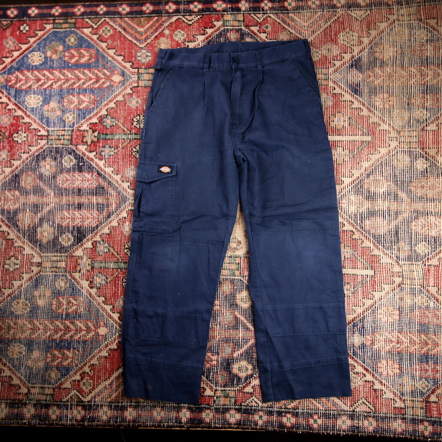 Dickies Double Knee W34 L26 Cargos Blue Cotton Blend Trousers