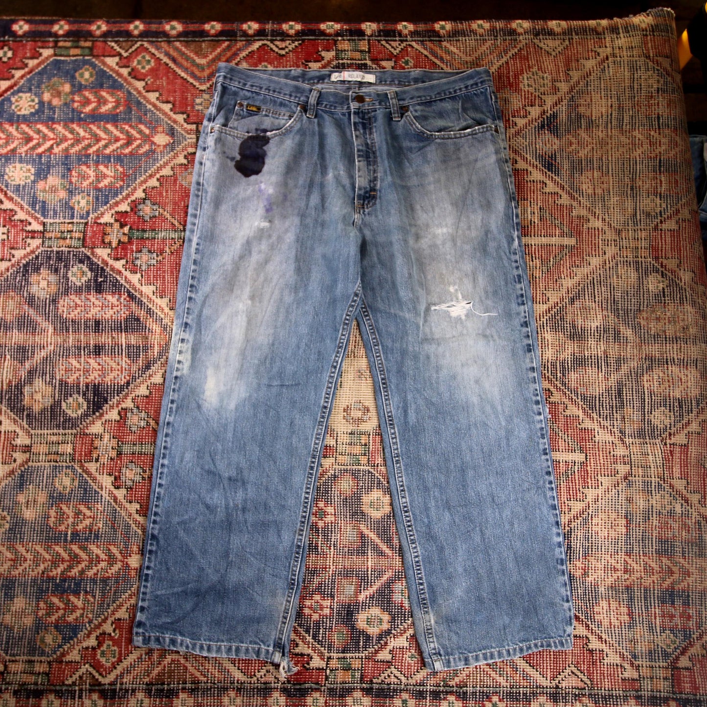 Lee W38 L27 Straight Leg Relaxed Fit Classic Ripped Style Blue Denim Jeans