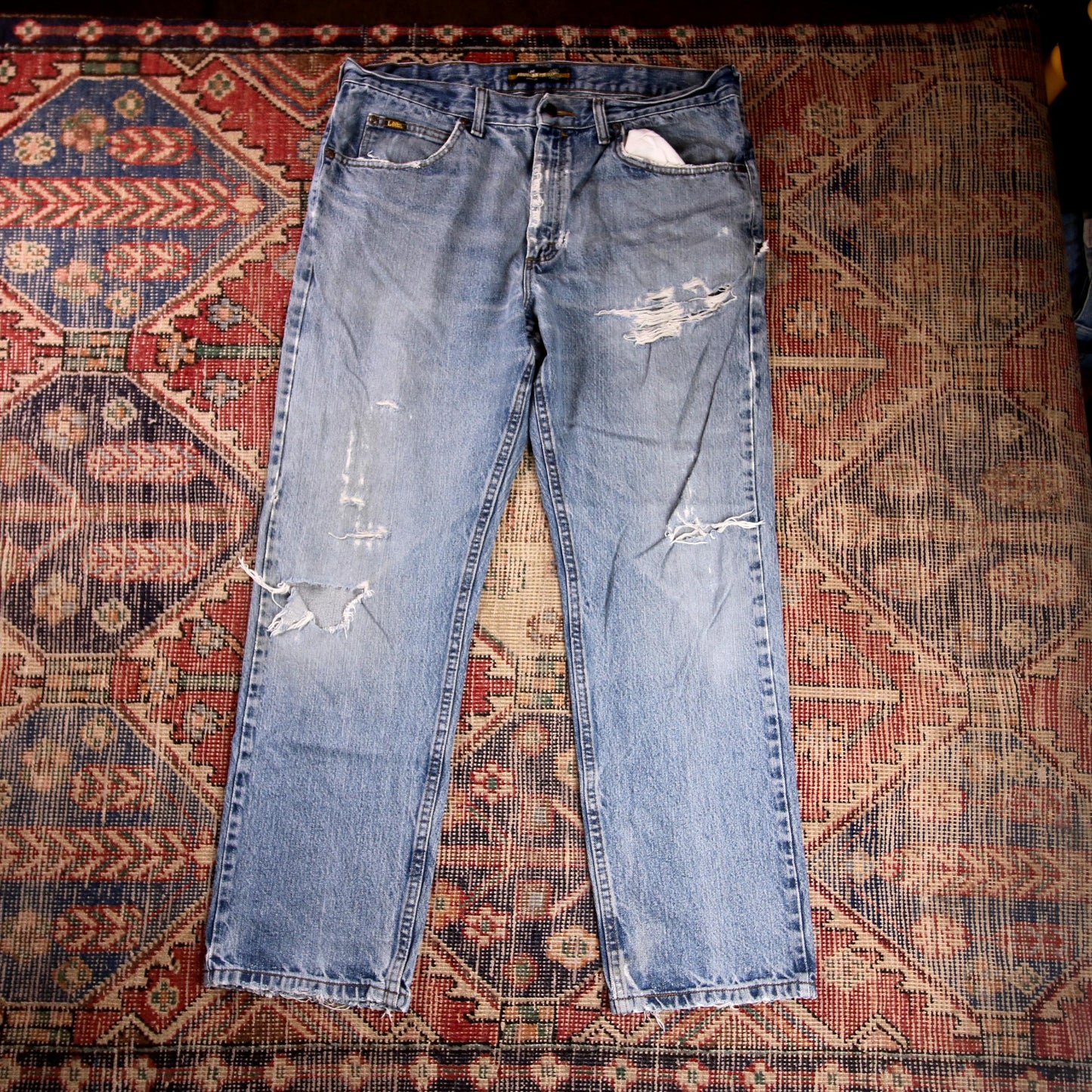 Lee W36 L30 Straight Leg Relaxed Fit Classic Ripped Style Blue Denim Jeans