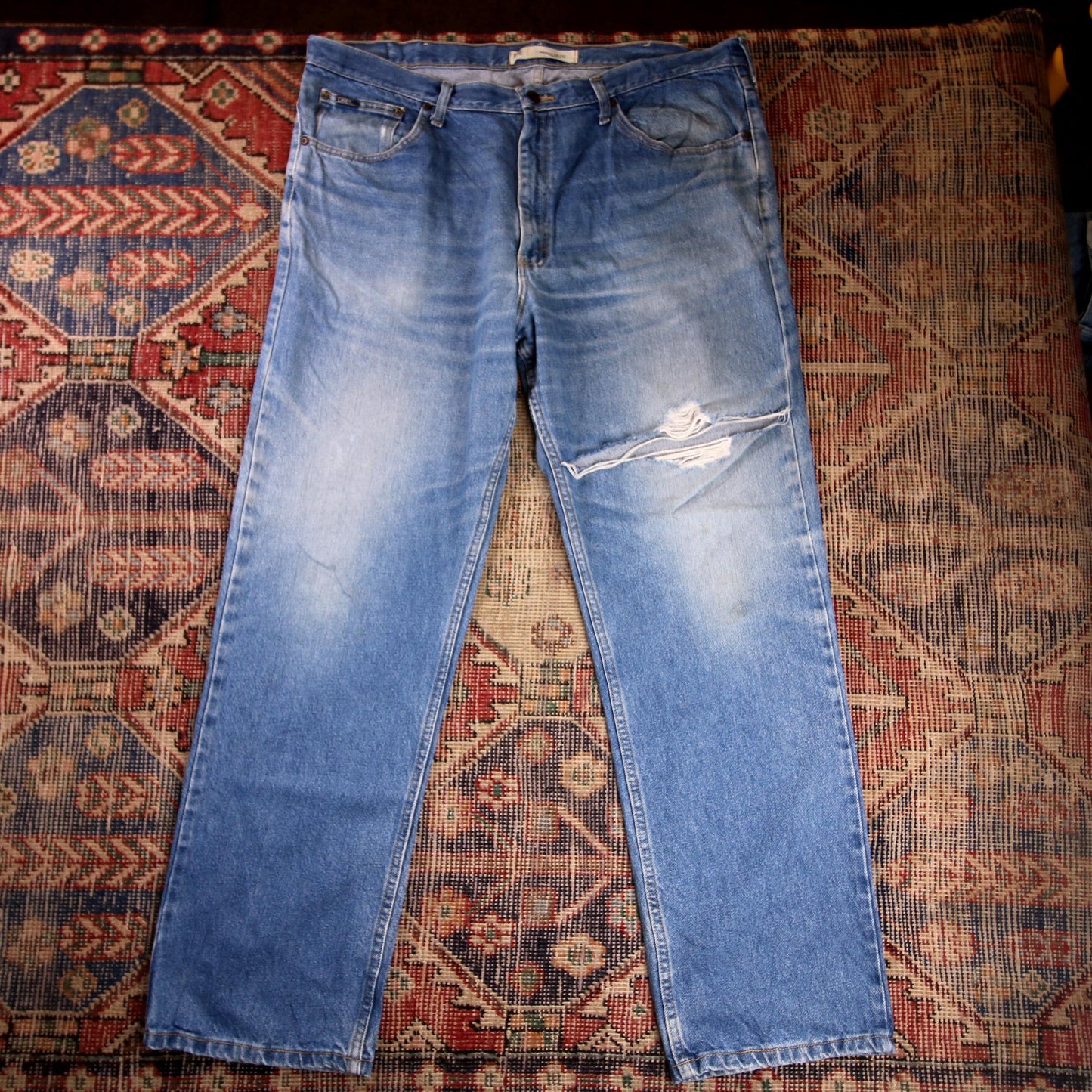 Lee W42 L32 Straight Leg Relaxed Fit Classic Ripped Style Blue Denim Jeans