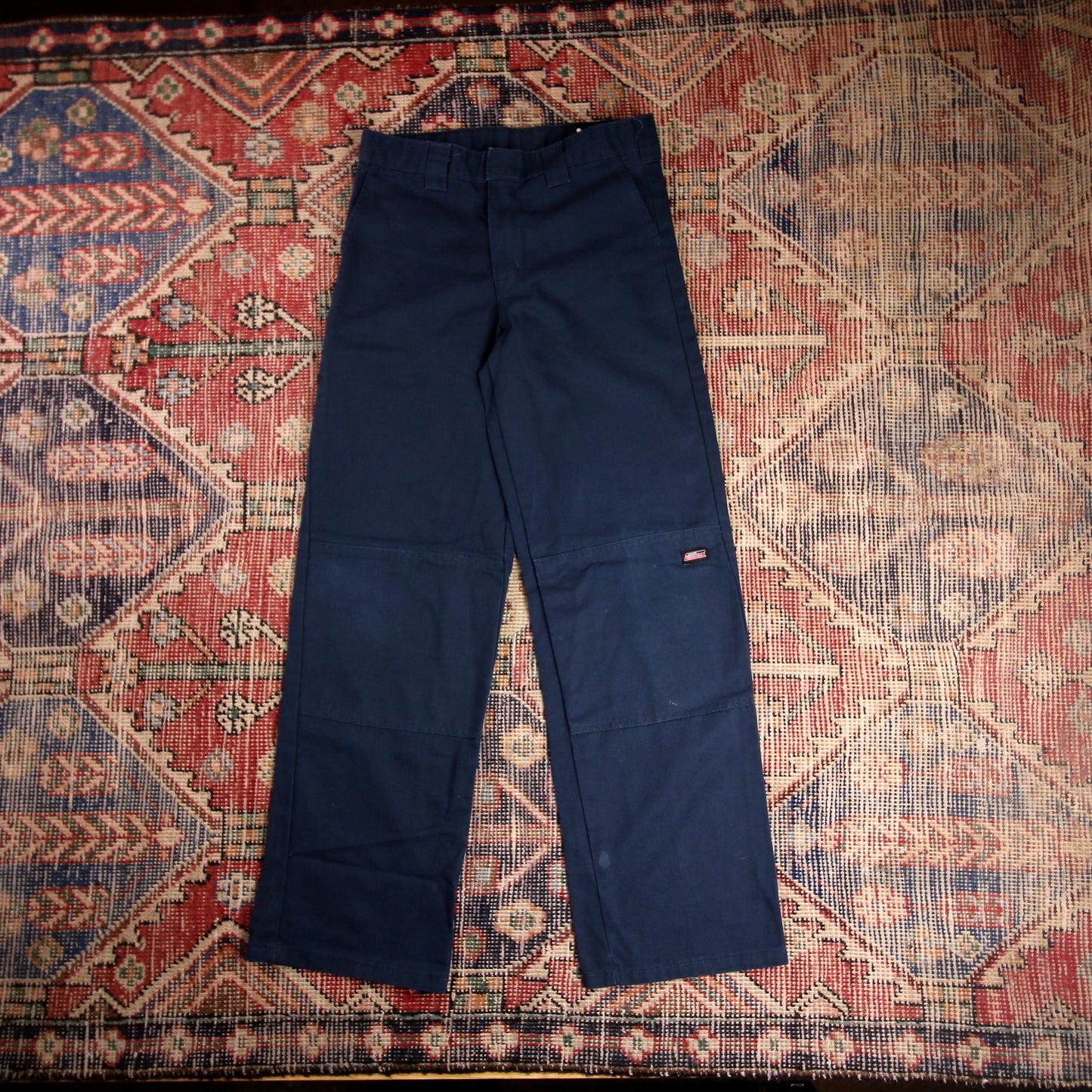 Dickies Double Knee W28 L28 Straight Leg Blue Cotton Blend Trousers