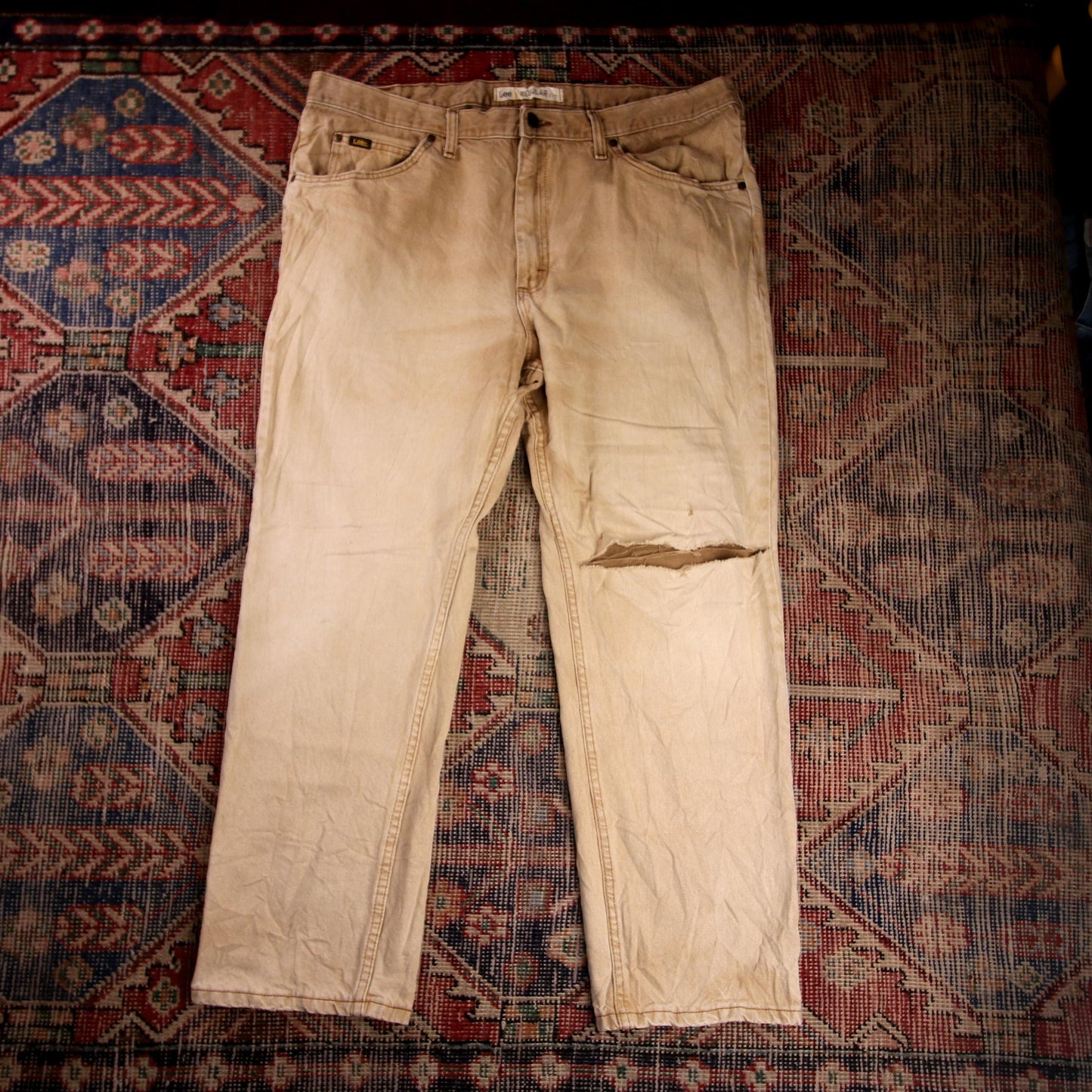 Lee W40 L28 Straight Leg Relaxed Fit Classic Ripped Style Beige Denim Jeans