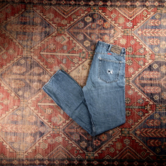 Wrangler W34 L34 Straight Leg Classic Ripped Style Blue Denim Jeans