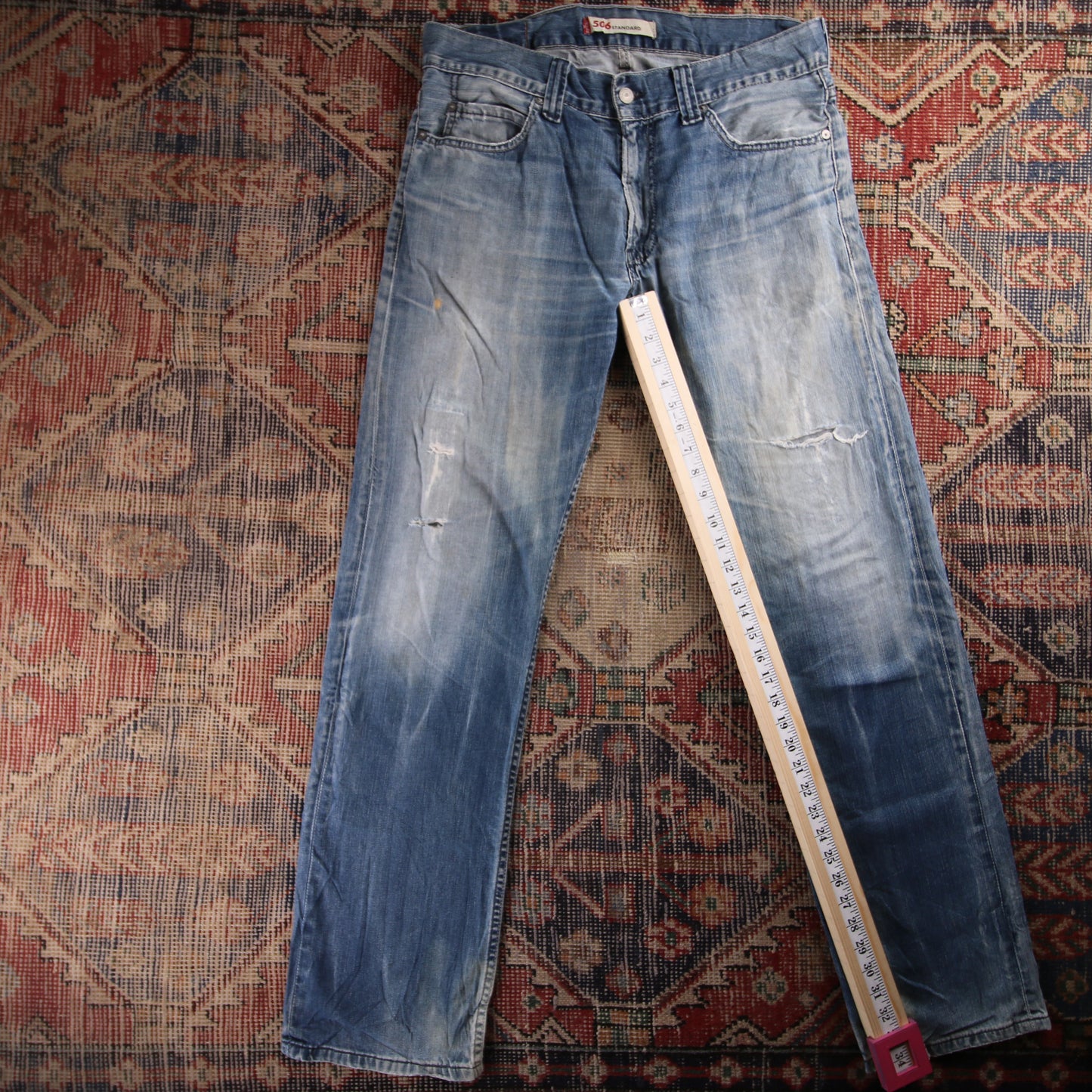 Levi's 506 Red Tab W34 L34 Straight Leg Classic Ripped Style Blue Denim Jeans