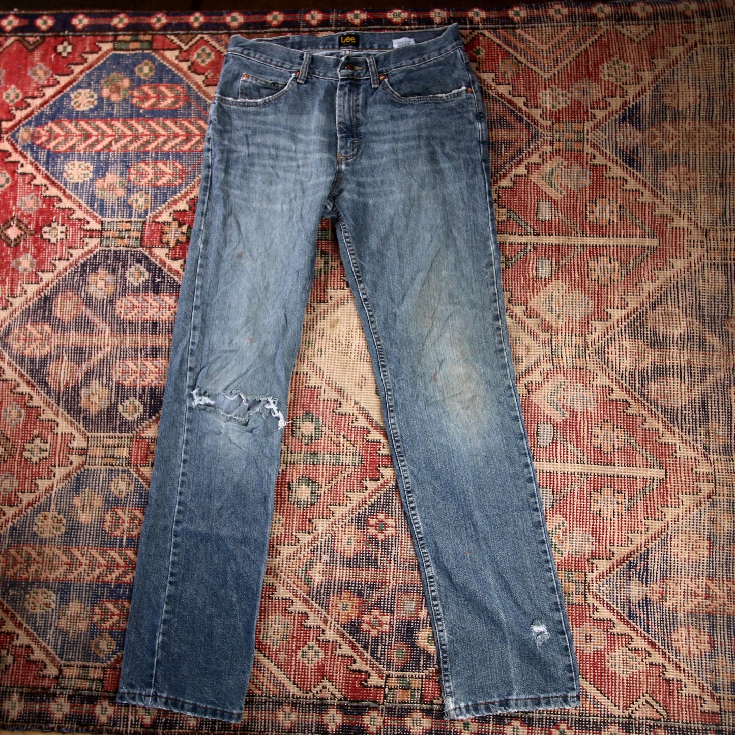 Lee W32 L32 Straight Leg Relaxed Fit Classic Ripped Style Blue Denim Jeans
