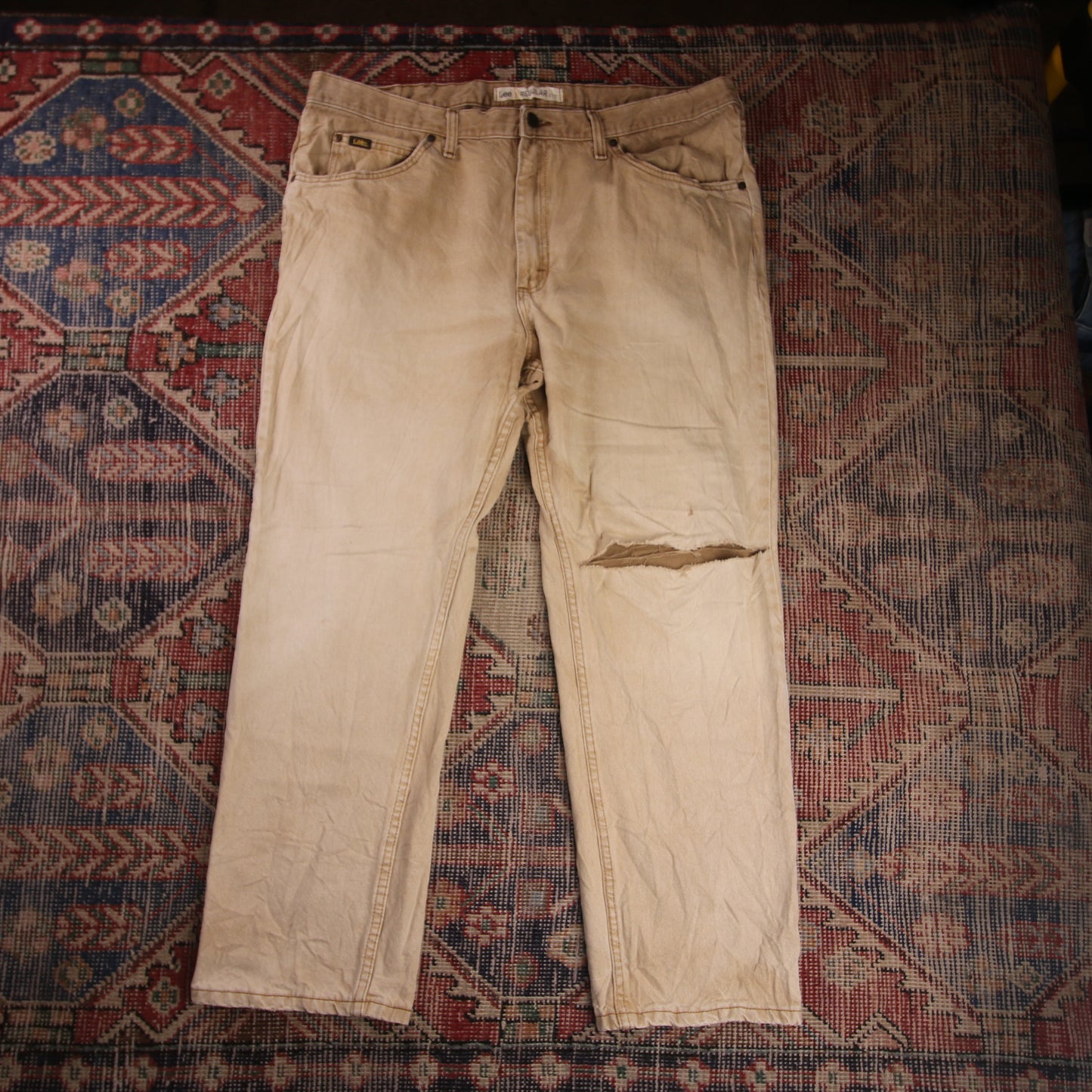 Lee W40 L28 Straight Leg Relaxed Fit Classic Ripped Style Beige Denim Jeans