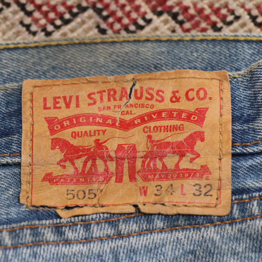 Levi's 505 W36 L31 Straight Leg Regular Fit Classic Ripped Style Blue Denim Jean