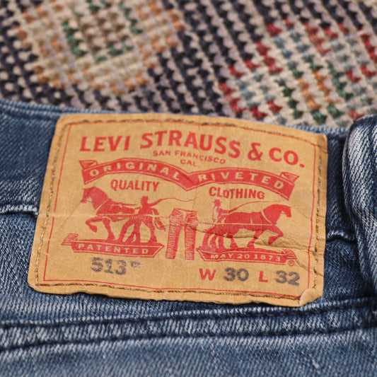Levi's 513 W30 L30 Straight Leg Slim Fit Classic Ripped Style Blue Denim Jeans