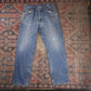 Wrangler W32 L30 Straight Leg Relaxed Fit Distressed Style Blue Denim Jeans