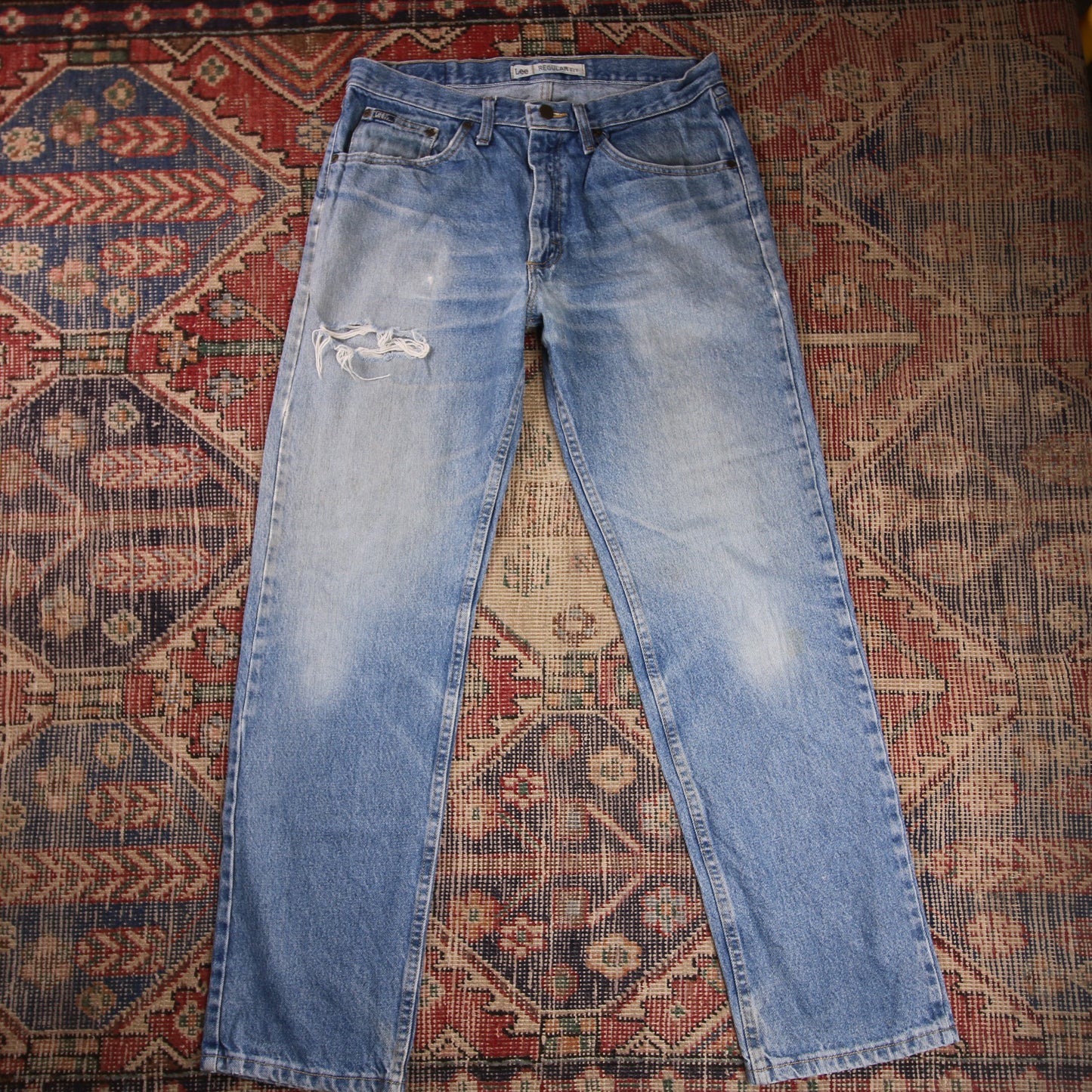 Lee W34 L32 Straight Leg Relaxed Fit Classic Ripped Style Blue Denim Jeans