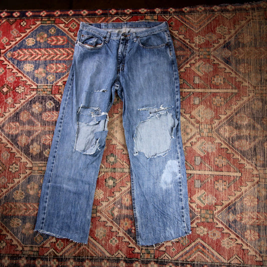 Lee W34 L27 Straight Leg Relaxed Fit Classic Ripped Style Blue Denim Jeans