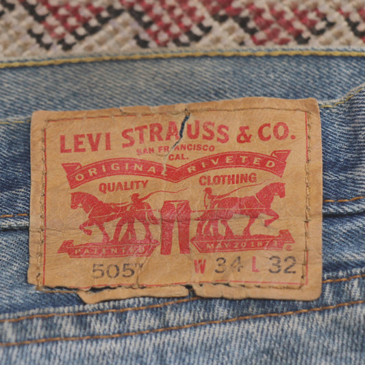Levi's 505 W36 L31 Straight Leg Regular Fit Classic Ripped Style Blue Denim Jean
